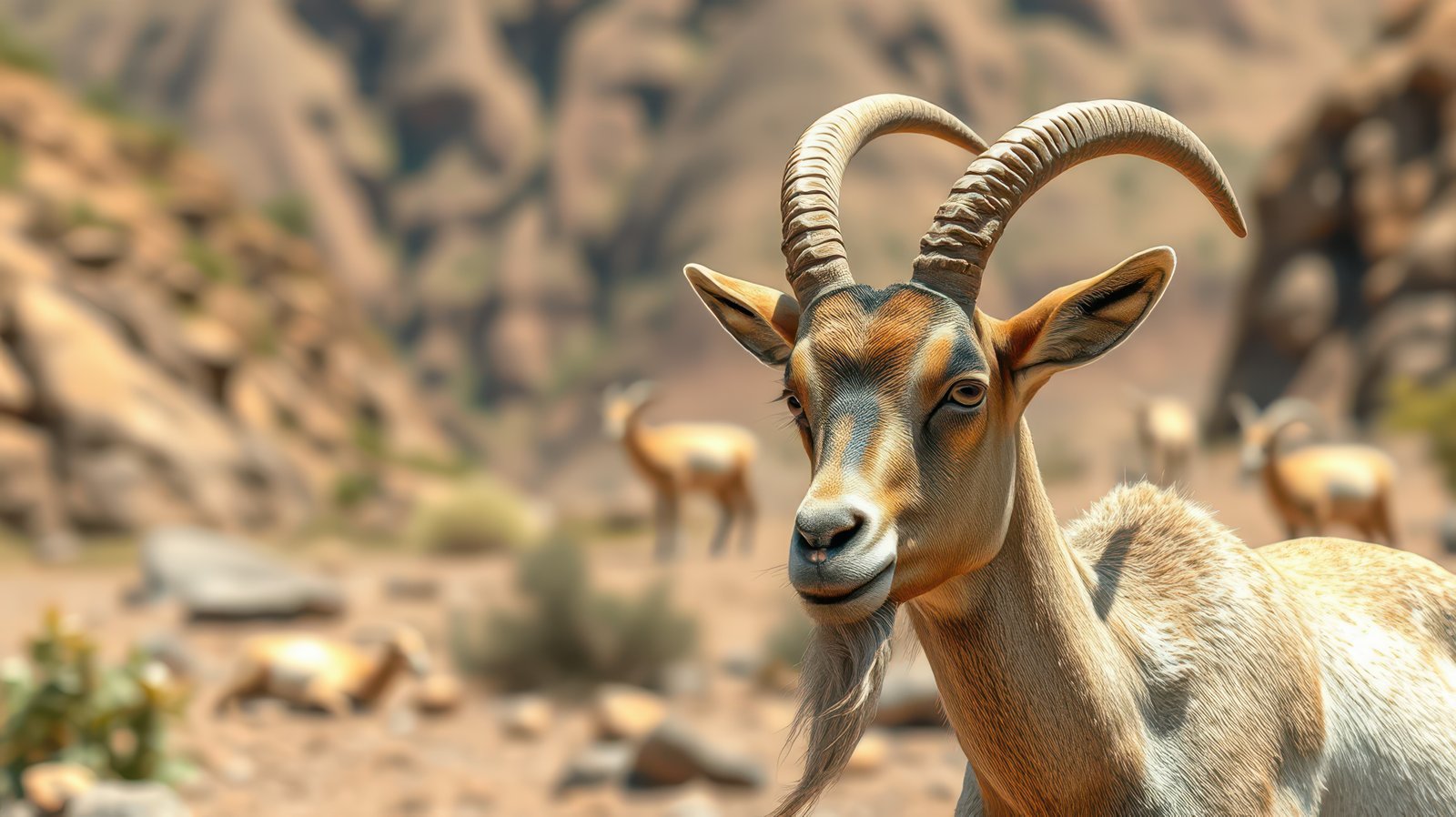 Beautiful mountain goat standing in rocky terrain with scenic backdrop during daylight hours
